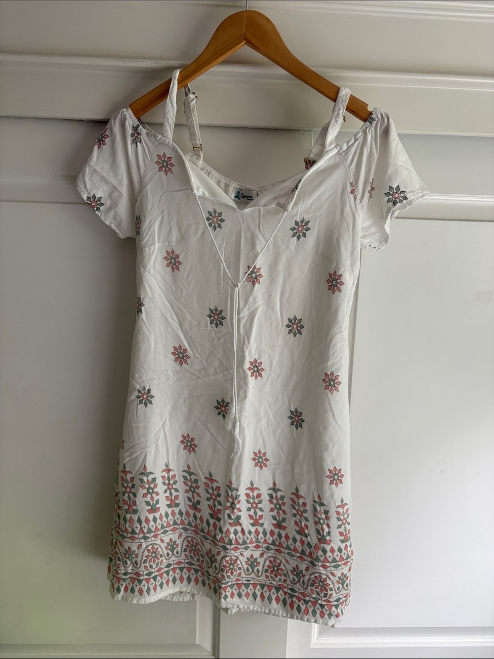 White Floral Midi Dress with Pink & Green Embroidery